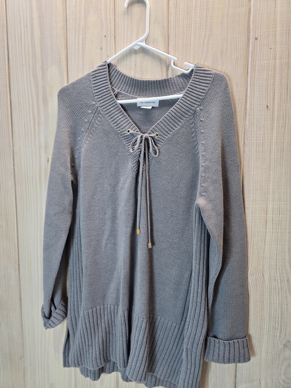 Liz Claiborne Gray Lace-Up V-Neck Sweater